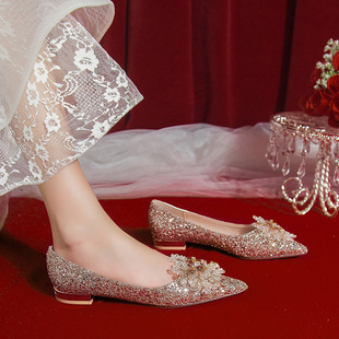 水晶平底婚鞋孕妇可穿新娘鞋女秀禾主，婚纱两穿婚礼不累脚低跟单鞋