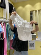 韩国东大门春装法式短款纯色设计感斜单露肩荷叶边T恤上衣女