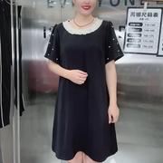 8090夏季欧韩加肥显瘦胖mm大码女装，中长款短袖圆领百搭连衣裙