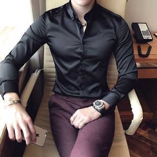 丝绸衬衫男韩版潮流帅气修身弹力丝光衬衣发型师紧身绸缎面寸衫男