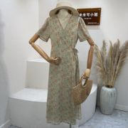 米米可2023夏季韩版复古V领泡泡袖雪纺连衣裙女修身系带碎花长裙