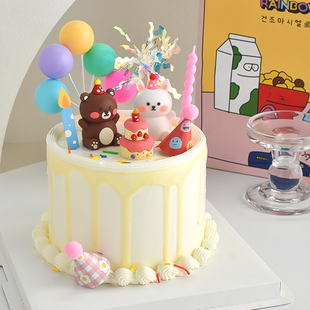儿童生日蛋糕装饰卡通软胶派对帽小动物熊兔摆件ins风甜品台插件