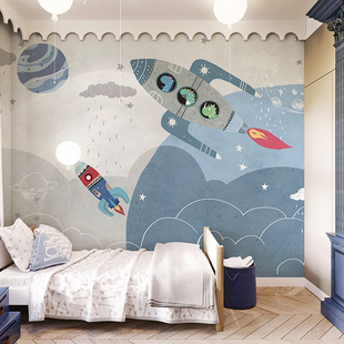 北欧手绘儿童房壁纸，p男孩女孩卧室墙纸天空，卡通墙布可爱幼儿园壁