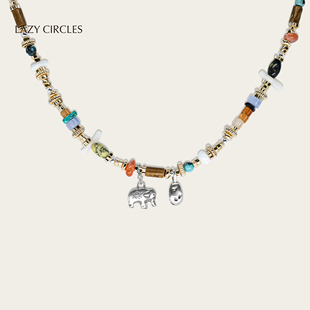 LAZY CIRCLES天然混石小象项链彩色串珠项链S925银大象项链