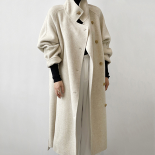 韩版立领高端长毛双面羊绒大衣女宽松中长款羊，毛呢外套秋冬季