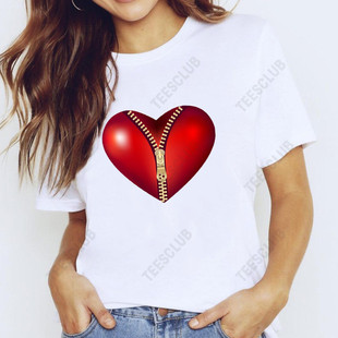 zipperredheartt-shirt创意拉链红心，印花男女打底衫白色t恤