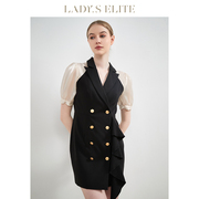 ladyselite慕裁黑色泡泡袖，性感法式收腰气质双排扣短袖连衣裙
