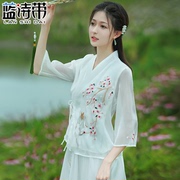 茶艺服刺绣桃花中式禅意采耳师工作半身裙两件套改良汉服上衣女夏