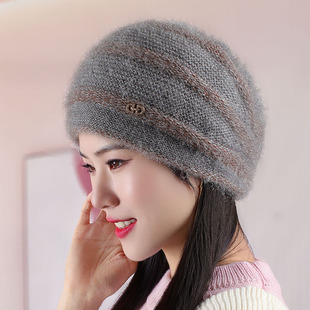 帽子韩版女秋冬天针织帽毛线帽加厚保暖兔毛帽妈妈中老年护耳帽