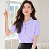 夏季短袖浅紫色衬衫，女蝴蝶结系带韩版套头雪纺衬衫上衣两件套