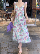 紫罗兰长裙夏季法式修身气质高腰飞飞袖绿色清新连衣裙