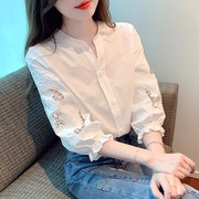 韩版刺绣泡泡灯笼短袖衬衫，女2024夏大码衬衣，七分袖白雪纺上衣欧货