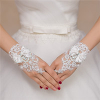 韩式新娘手套露指短款蕾丝，车骨花绑带蝴蝶结，粘钻婚纱结婚手袖