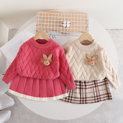 女童毛衣套裙秋冬天纯色小兔头针织两件套女宝宝反领长袖洋气