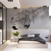 现代中式电视背景墙纸客厅装饰壁纸，卧室墙布墨色，山水床头背景壁画