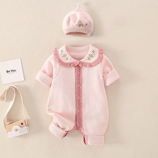 婴儿衣服秋冬连体毛衣女，宝宝满月公主，服可爱粉色网红爬服套装纯棉
