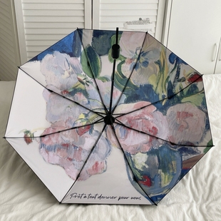 自动白玫瑰油画伞黑胶太阳伞防晒伞晴雨两用女遮阳伞防紫外线折叠