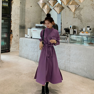 紫色大码连衣裙女长袖2023春秋中长款高端名媛气质女神范长裙