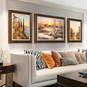 客厅装饰画风景油画大气复古沙发背景墙三联画山水，壁画书房画美式