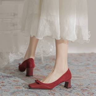 惠东县文采制(文采制)鞋厂6368-5法式复古磨砂，绒面单鞋酒红色甜美风蝴蝶结