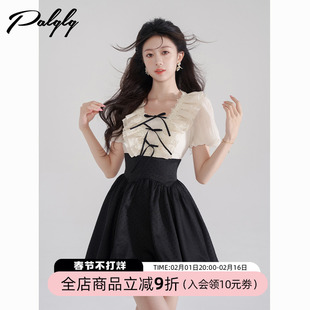 新中式黑色花苞裙夏荷叶，边v领短袖，杏色连衣裙高腰甜美短裙女