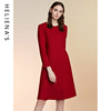 商场同款海兰丝熟女长袖，羊毛呢子红色连衣裙修身显瘦裙子春装