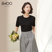 EMOO杨门女装2024夏季薄款圆领钉珠宽松显瘦冰丝针织短袖T恤女