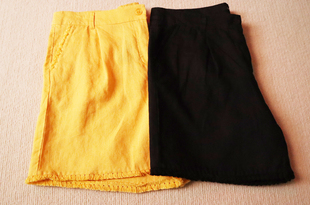 外贸纯亚麻女士短裤麻料休闲沙滩裤黑色黄色毛边