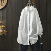 纯棉中长款白衬衫女长袖2023秋装，宽松大版遮肉bf风衬衣外套