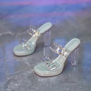 防水台外穿一字拖女2024年性感，透明水钻高跟鞋，露趾水晶粗跟凉拖鞋