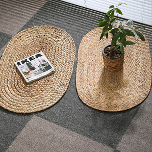 黄麻手工编制地垫门口垫编织椭圆形地毯防滑垫，客厅茶室地垫草编