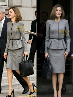 西班牙王后同款套裙夏白领通勤ol职业套装送真皮腰带时尚气质灰