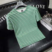 欧洲站个性绿色条纹短袖男士2024夏季时尚圆领修身T恤高级感