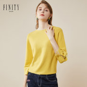 finity2021春款女装时尚黄色针织衫，宽松圆领遮肚女士套头上衣