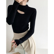 半高领镂空黑色针织打底衫设计感女小众秋冬季高级感毛衣内搭上衣