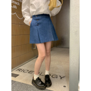 芝士兔自制蓝色牛仔，半身裙女2023春季简约小众学院百褶裙短裙ins