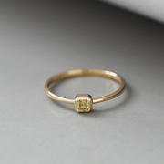 高级~感韩国纯14k金戒指，女方形香槟钻镶嵌素圈戒子k黄金指环礼物