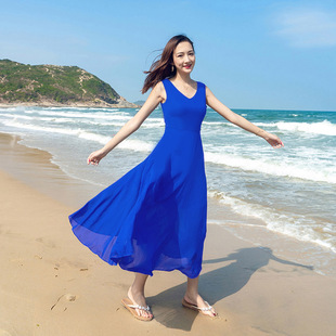 2024夏季无袖雪纺连衣裙波西米亚，长裙气质修身海边度假沙滩裙