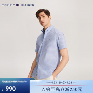 Tommy 24春季男易打理府绸通勤简约格纹尖角扣短袖衬衫35311