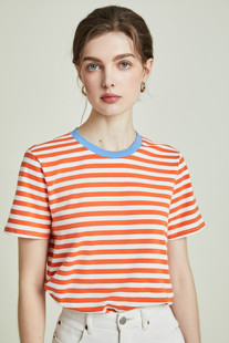 法式小众经典夏季圆领有机棉拼色条纹条纹短袖桔色T恤