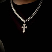 2024潮牌古巴珍珠十字架项链 拼接镶钻锆石高级感网红男饰品