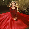 红色高级感女童礼服公主，裙长袖秋冬款娃娃领主持人儿童钢琴演出服