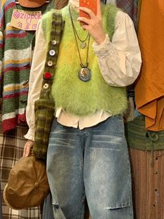 美式复古绿色马甲背心针织，毛衣水洗拖地直筒，牛仔裤两件套套装