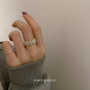 韩国米珠串珠弹力绳设计纯银戒指女简约冷淡风小众设计感食指戒