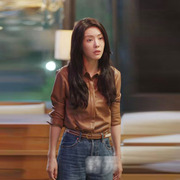 底线蔡文静叶芯同款PU皮长袖衬衫女2022韩版设计感小众衬衣潮