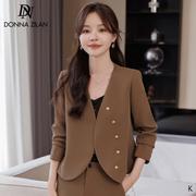 休闲无领小西装外套女春秋高级感修身显瘦气质韩版西服套装两件套