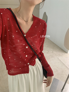 THE LEMON韩系波点防晒V领针织开衫女气质减龄百搭短款长袖上衣