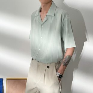 自制夏季古巴领免烫竖条垂感衬衫男白色短袖韩版高级宽松休闲衬衣