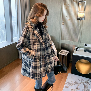 格子西装外套女秋冬款2023年韩版小个子中长款时尚休闲上衣女