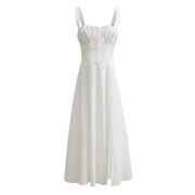 周家白色连衣裙女领口，抽绳系带低胸中长款收腰显瘦开叉吊带裙